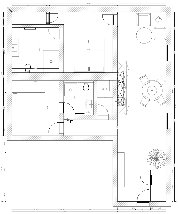Grundriss der Monteurwohnung mit zwei Schlafzimmern, zwei Bädern und Wohnküche